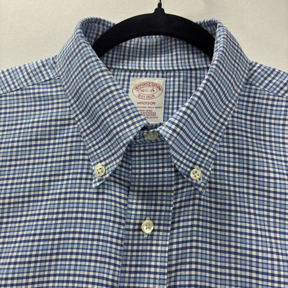 Brooks Brothers Mens 16.5 33 Madison Shirt Blue Check Non Iron Supima Cotton